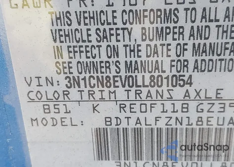 2020 Nissan Versa Sv Xtronic Cvt z USA, uszkodzony, nr VIN 3N1CN8EV0LL801054